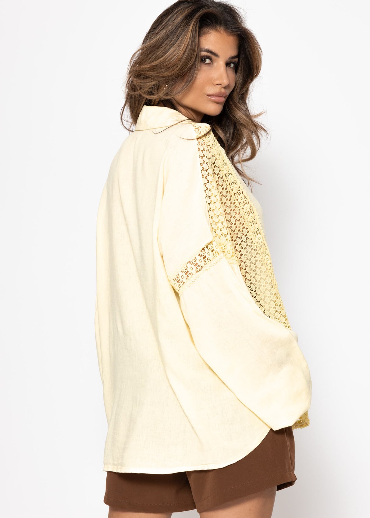 Leinen Bluse mit Spitze - buttergelb