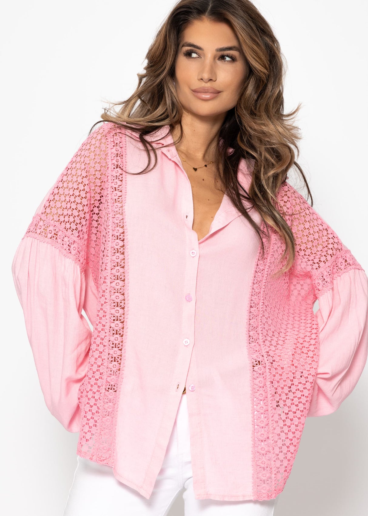 Leinen Bluse mit Spitze - rosa