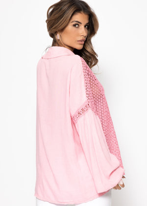 Leinen Bluse mit Spitze - rosa