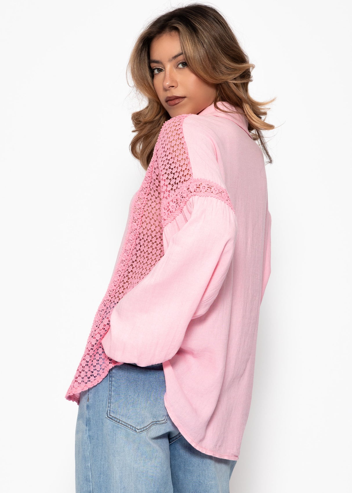 Linen blouse with lace - pink