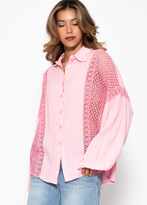 Linen blouse with lace - pink