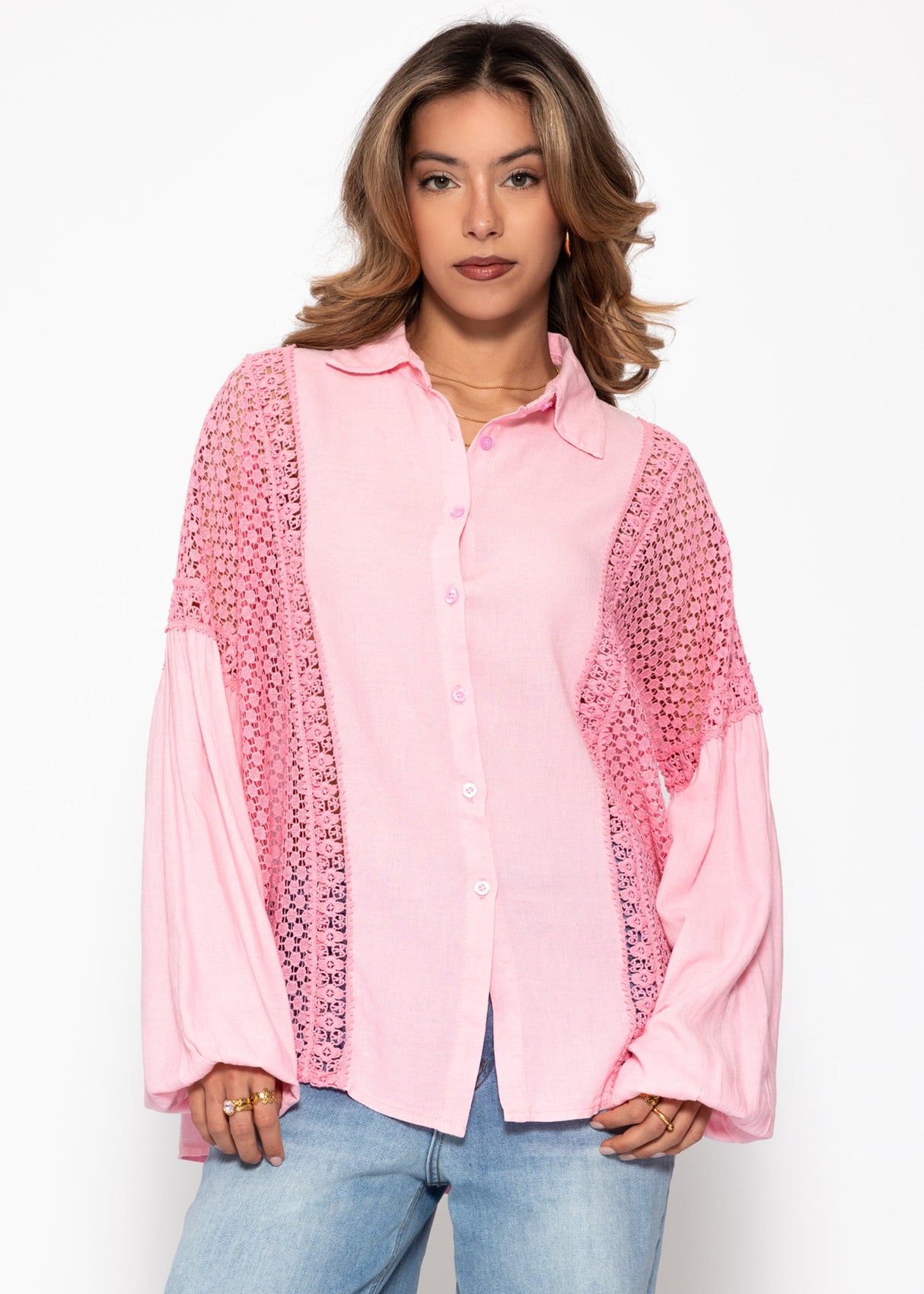 Linen blouse with lace - pink