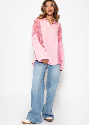 Linen blouse with lace - pink