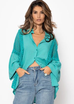 Leinen Bluse mit Spitze - türkis