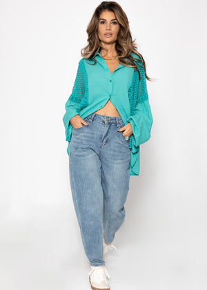 Leinen Bluse mit Spitze - türkis