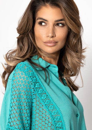 Leinen Bluse mit Spitze - türkis