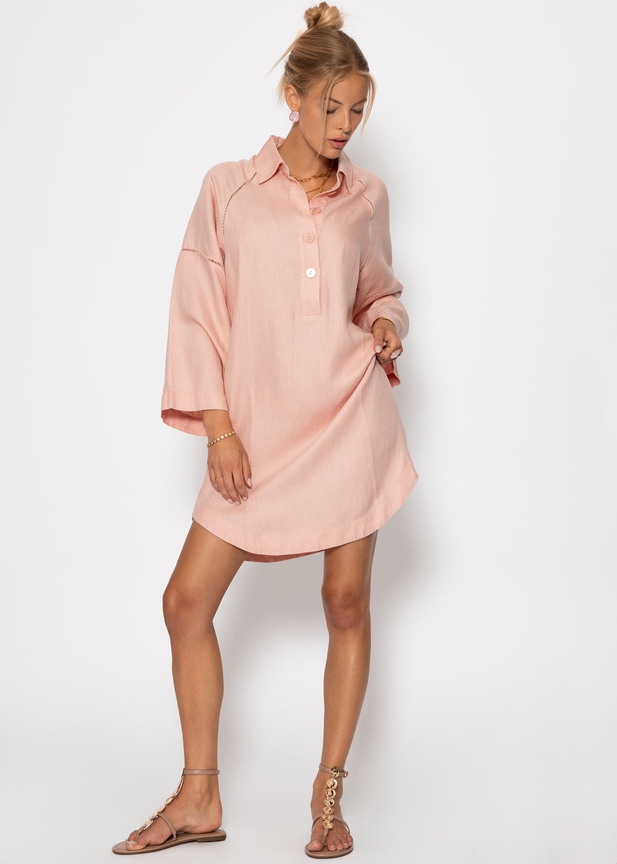 Leinen Kleid mit Knopfleiste - rosa