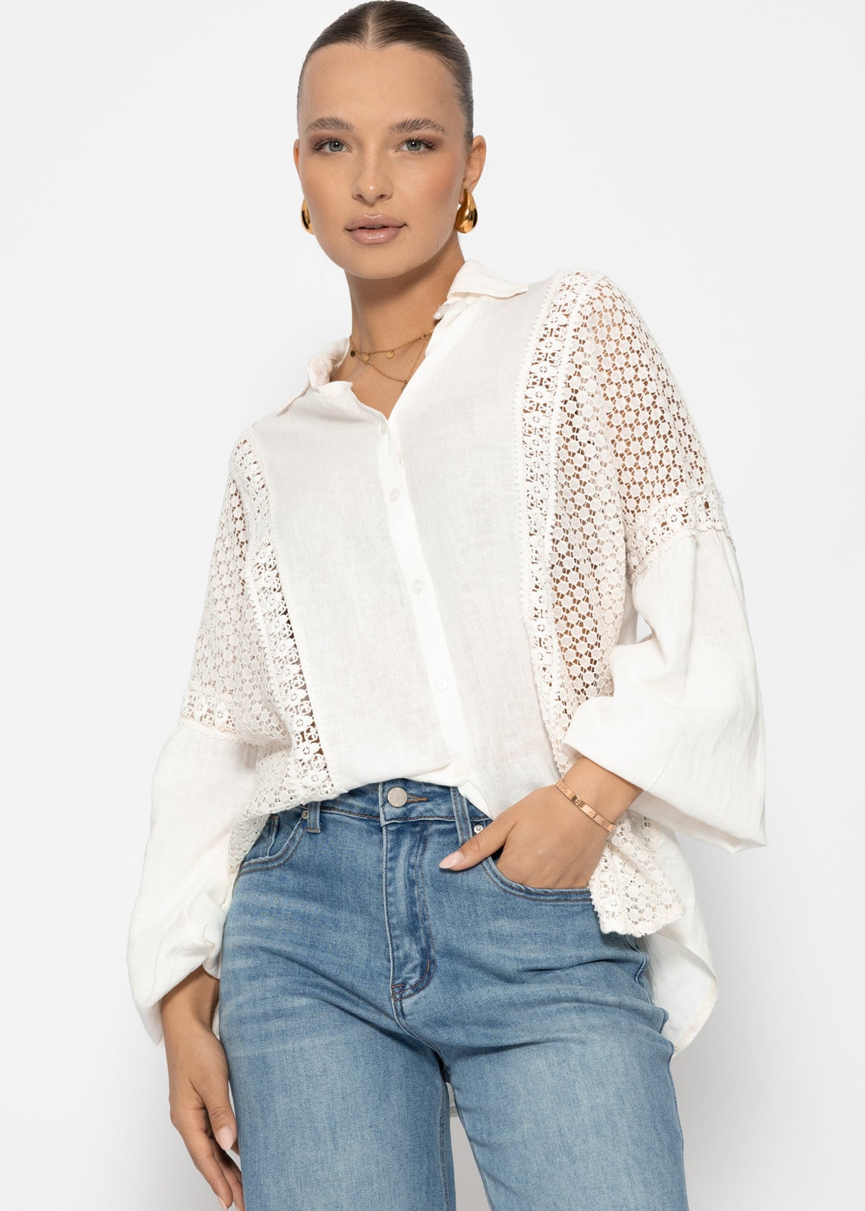 Leinen Bluse mit Spitze - offwhite