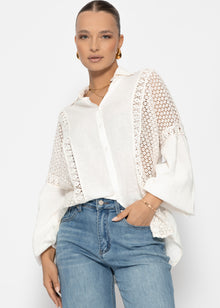 Leinen Bluse mit Spitze - offwhite