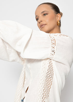 Leinen Bluse mit Spitze - offwhite