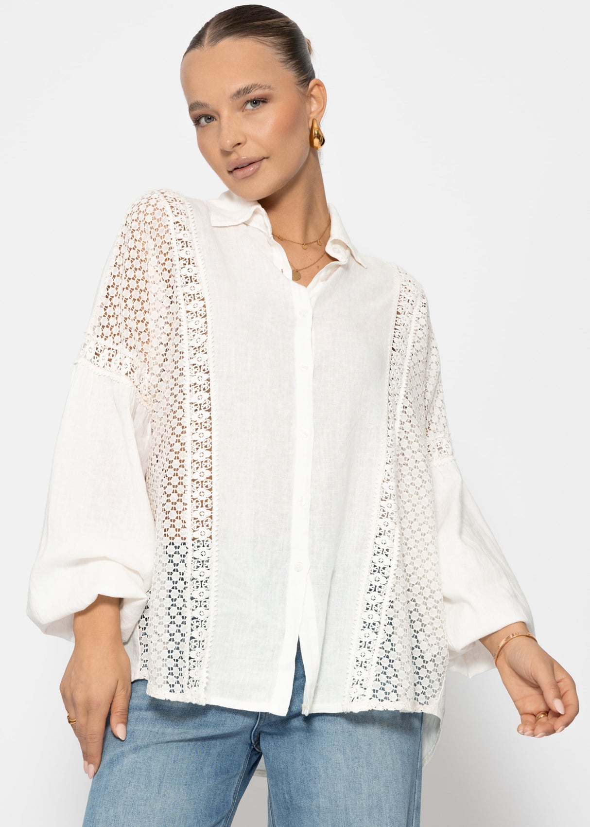 Leinen Bluse mit Spitze - offwhite