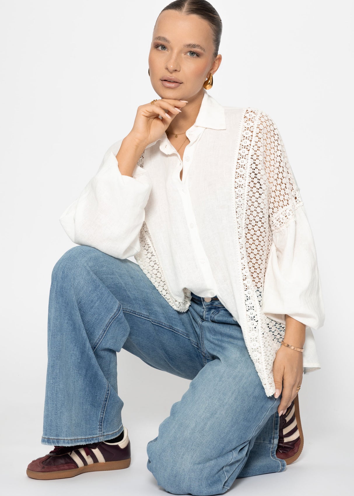 Leinen Bluse mit Spitze - offwhite