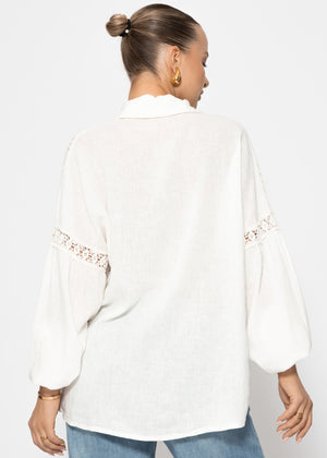 Leinen Bluse mit Spitze - offwhite
