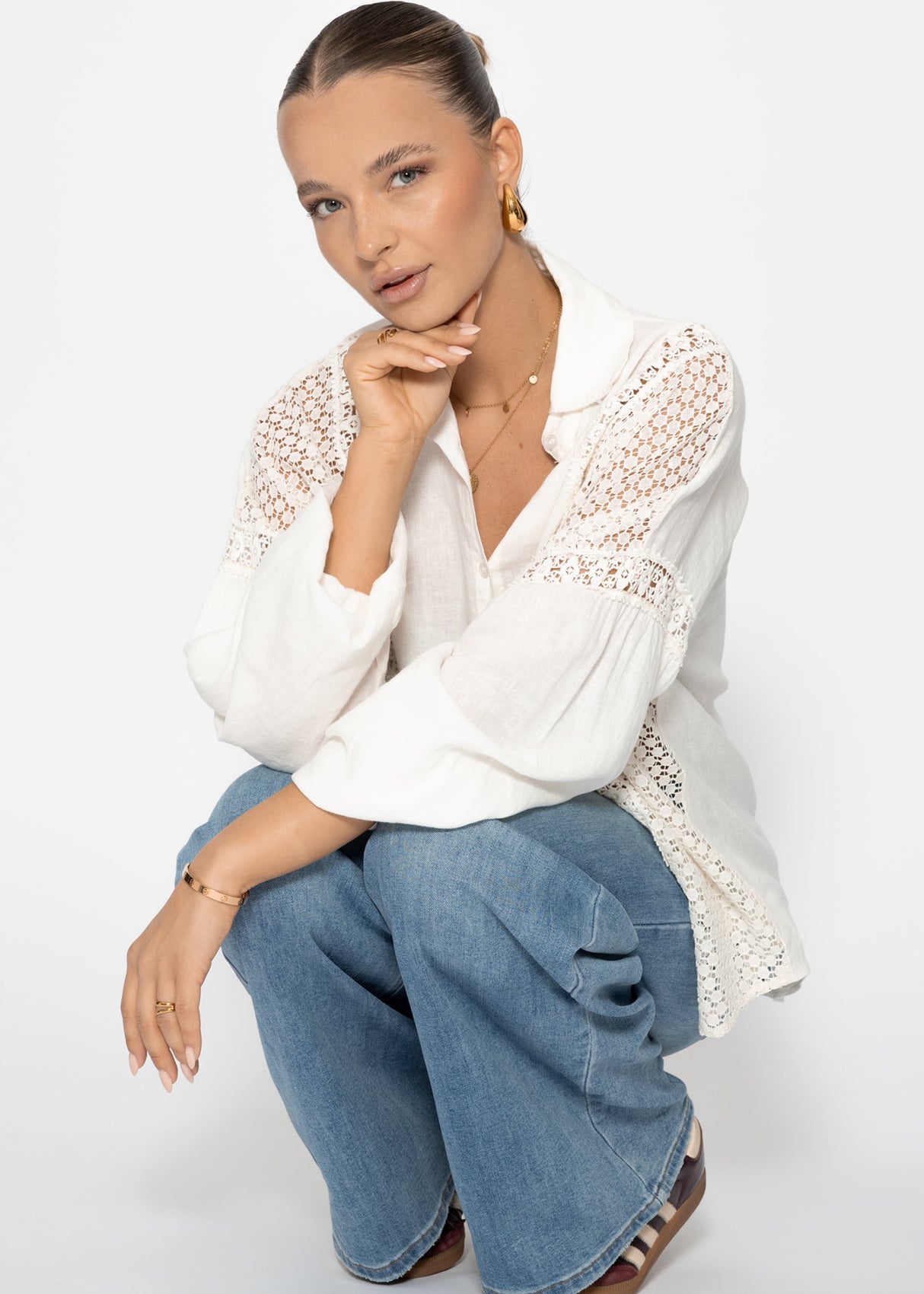 Leinen Bluse mit Spitze - offwhite