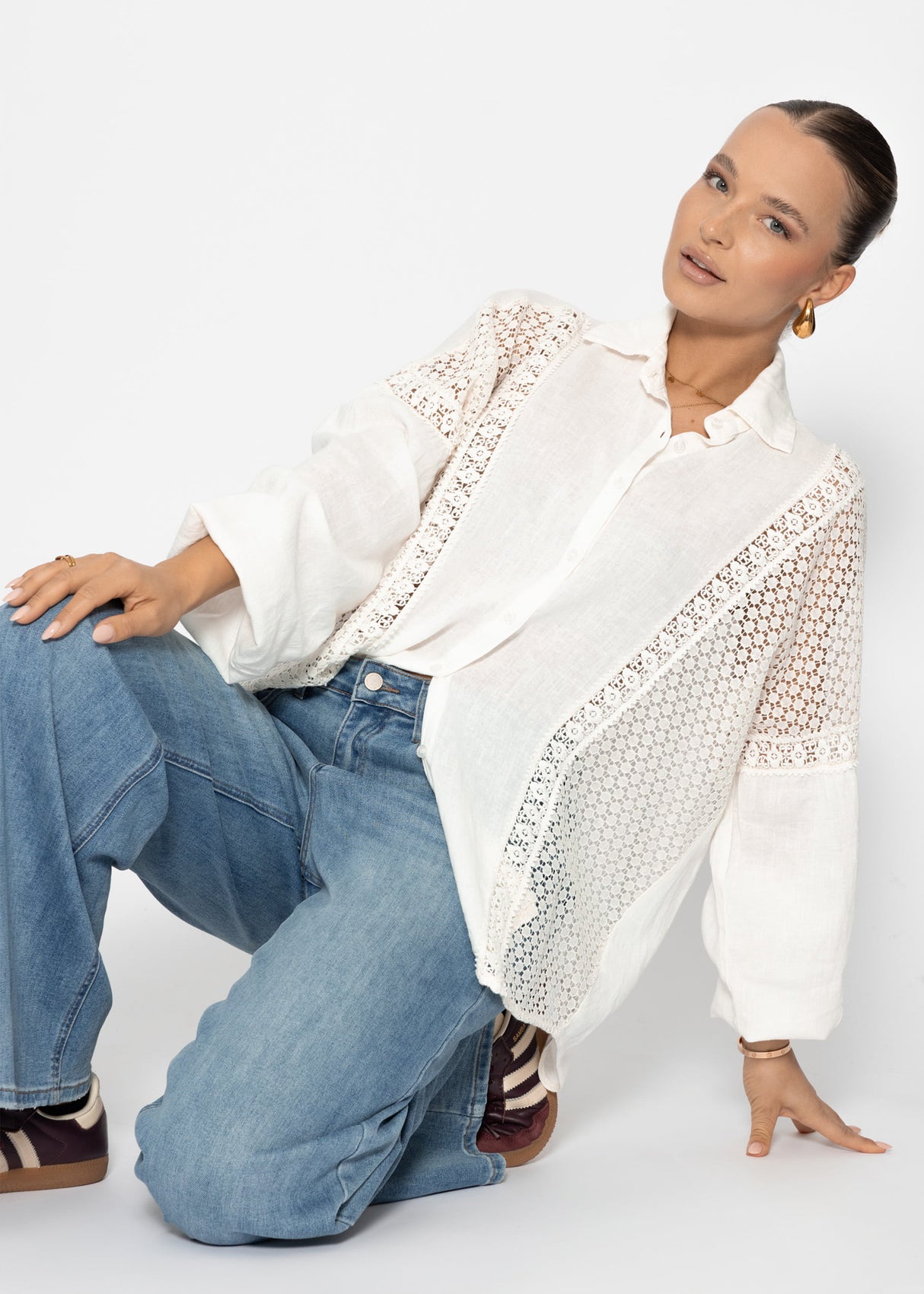 Leinen Bluse mit Spitze - offwhite
