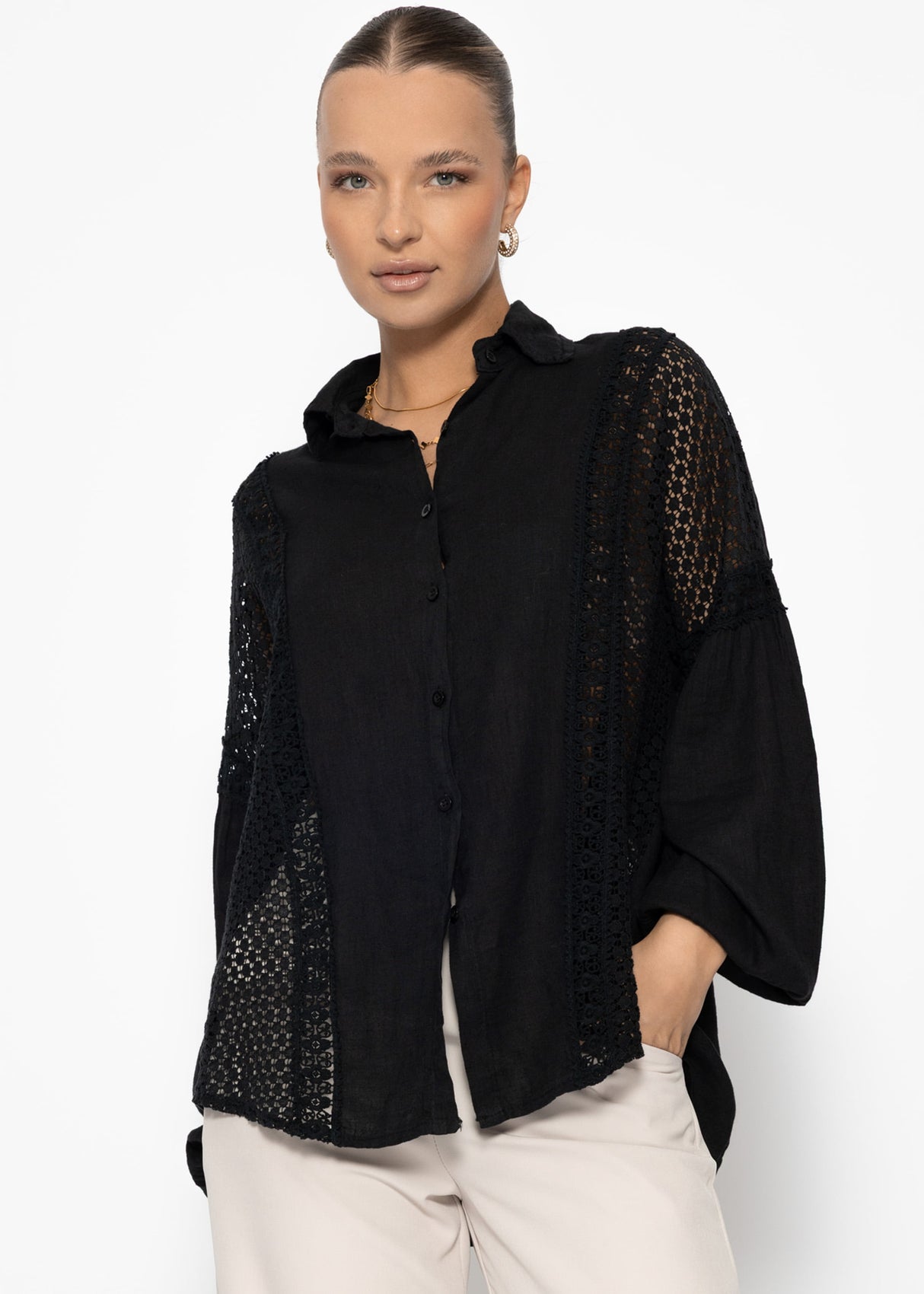 Leinen Bluse mit Spitze - schwarz