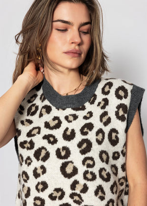 Leopard print knit sleeveless jumper - grey