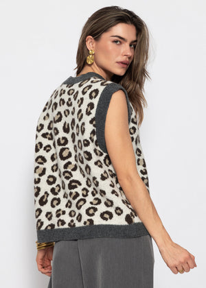 Leopard print knit sleeveless jumper - grey