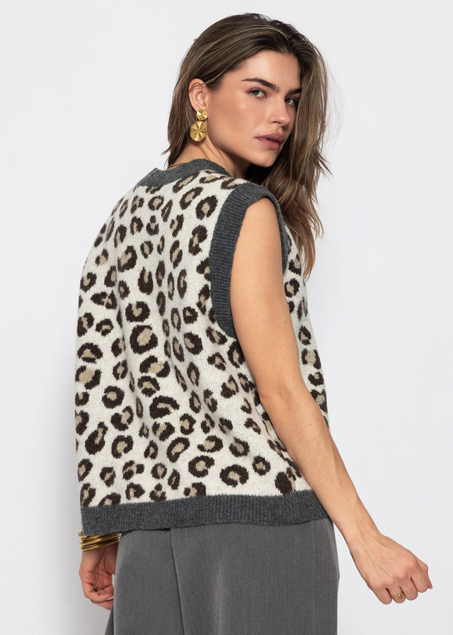 Leopard print knit sleeveless jumper - grey