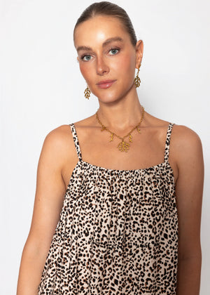 Lockeres Trägerkleid mit Leo-Print - beige