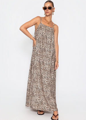 Lockeres Trägerkleid mit Leo-Print - beige