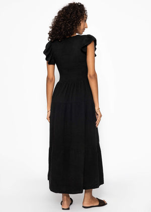 Maxi Musselin dress with ruffles and winged sleeves - black