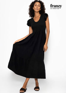 Maxi Musselin Kleid mit Volants und Flügelärmel - schwarz