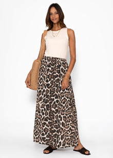 Maxi Musselin Rock mit Schlitz mit Leo-Print - beige