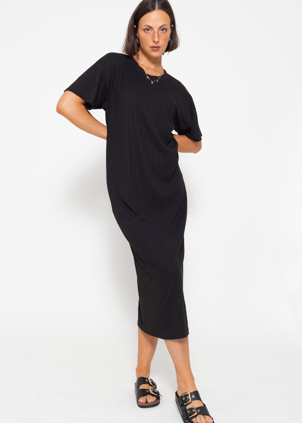 Maxi rip jersey dress with slit - black