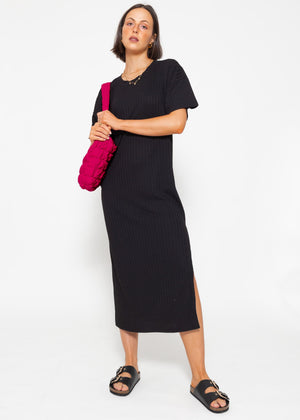 Maxi rip jersey dress with slit - black