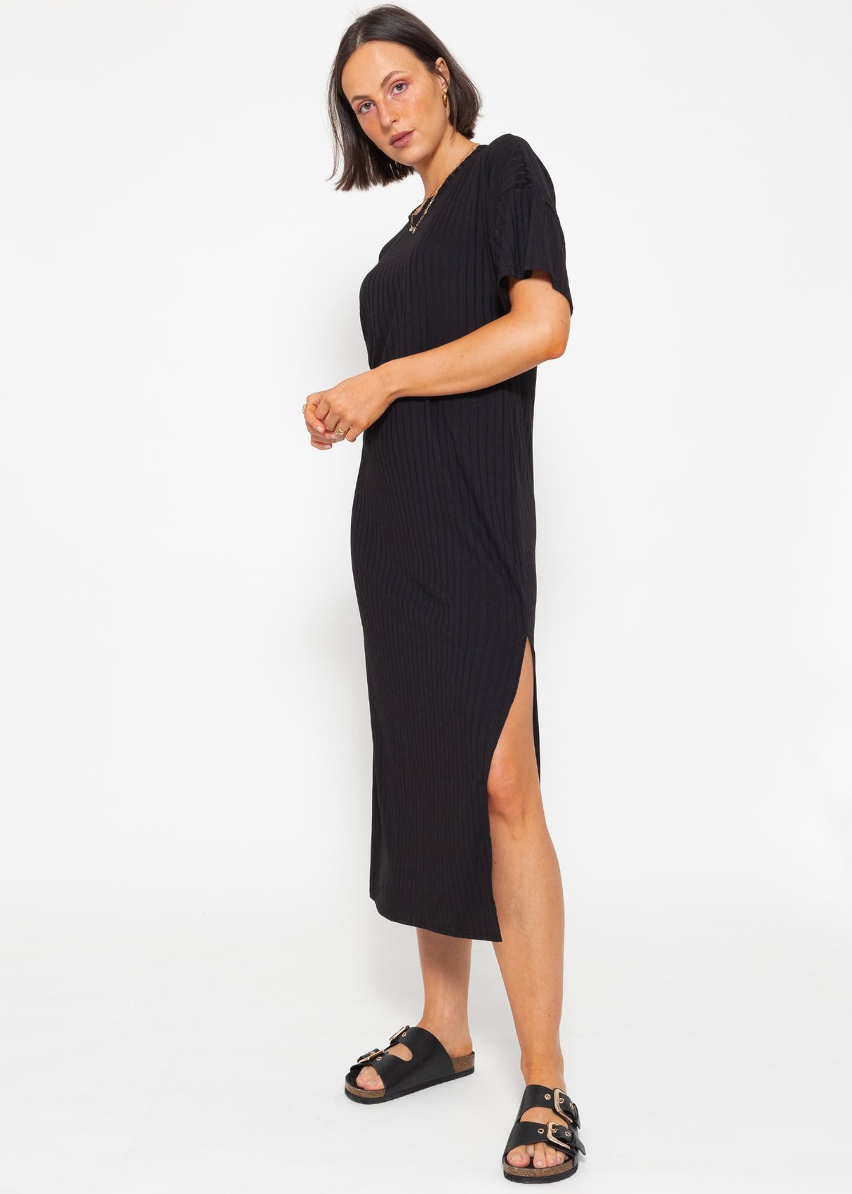 Maxi rip jersey dress with slit - black