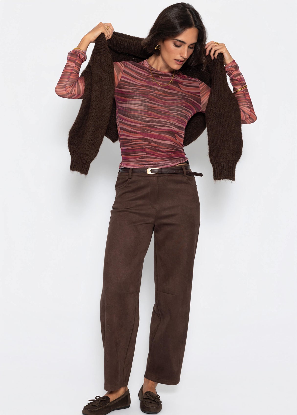Mesh Langarmshirt mit abstrakten Streifen - beere