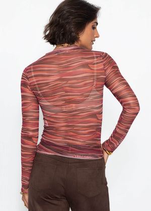 Mesh Langarmshirt mit abstrakten Streifen - beere