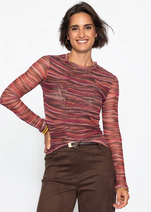 Mesh Langarmshirt mit abstrakten Streifen - beere