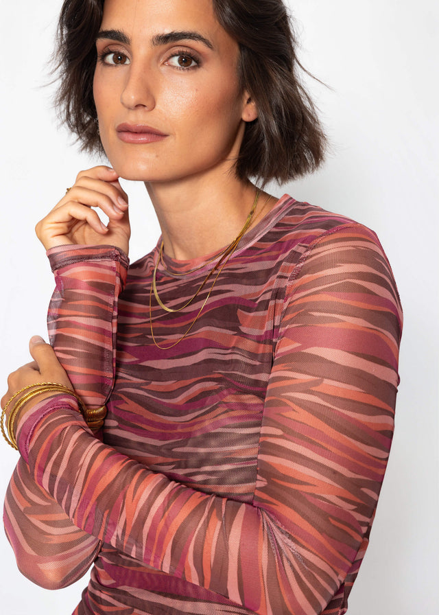 Mesh Langarmshirt mit abstrakten Streifen - beere