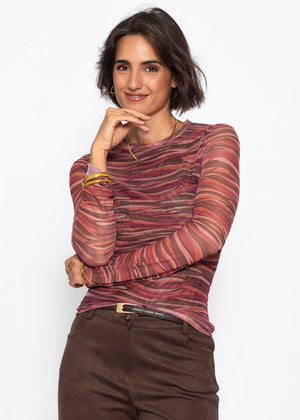 Mesh Langarmshirt mit abstrakten Streifen - beere