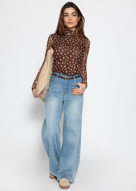 Mesh long-sleeved shirt with polka dots - brown
