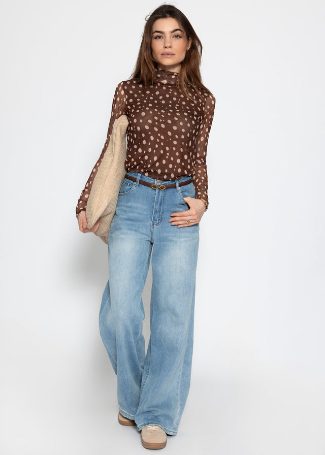 Mesh long-sleeved shirt with polka dots - brown