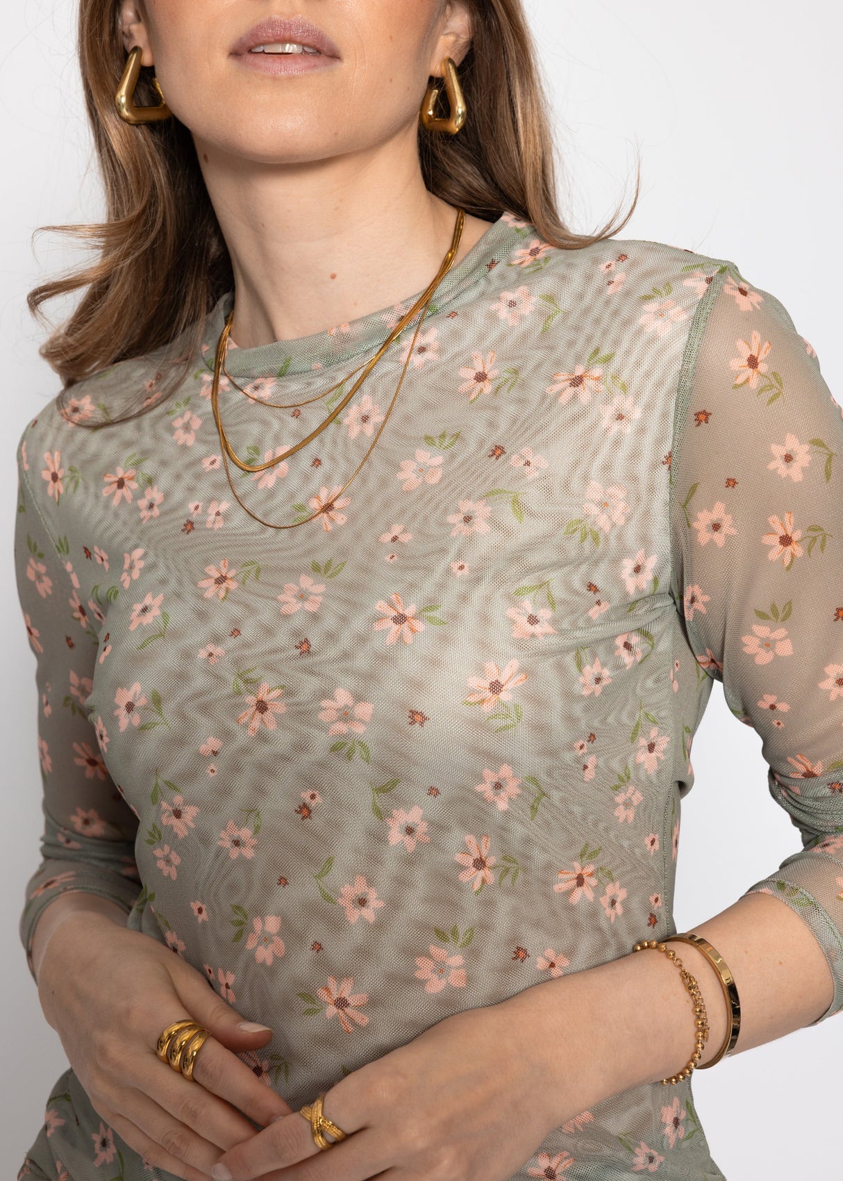 Mesh long-sleeved shirt with floral print - green