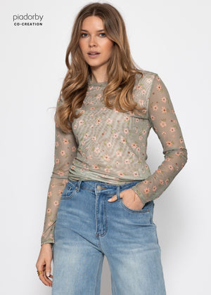 Mesh long-sleeved shirt with floral print - green