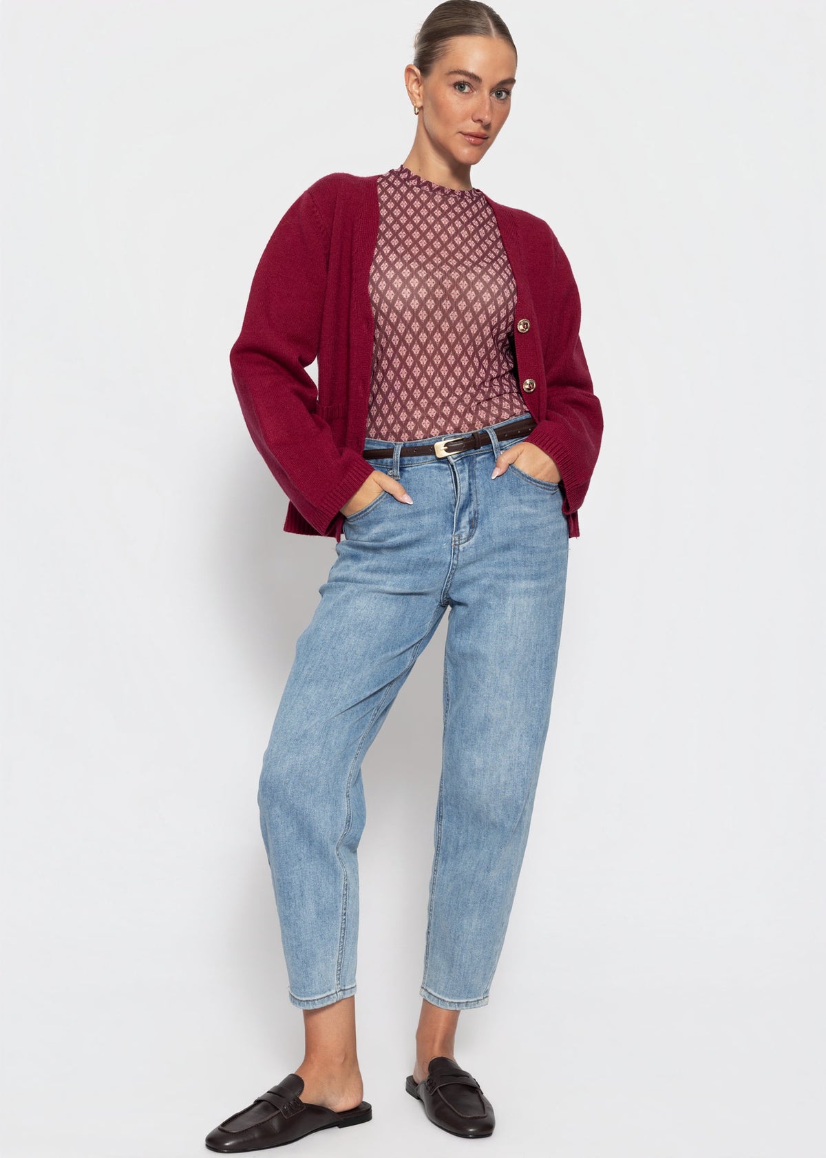 Mesh Langarmshirt mit geometrischem Muster - burgundy