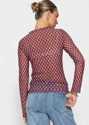 Mesh Langarmshirt mit geometrischem Muster - burgundy