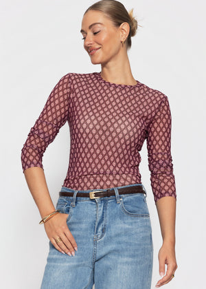 Mesh Langarmshirt mit geometrischem Muster - burgundy