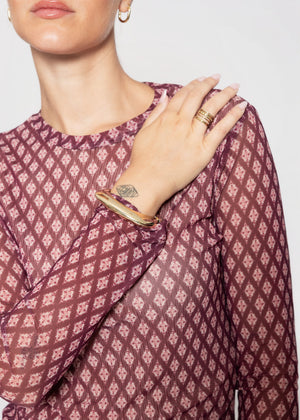Mesh Langarmshirt mit geometrischem Muster - burgundy