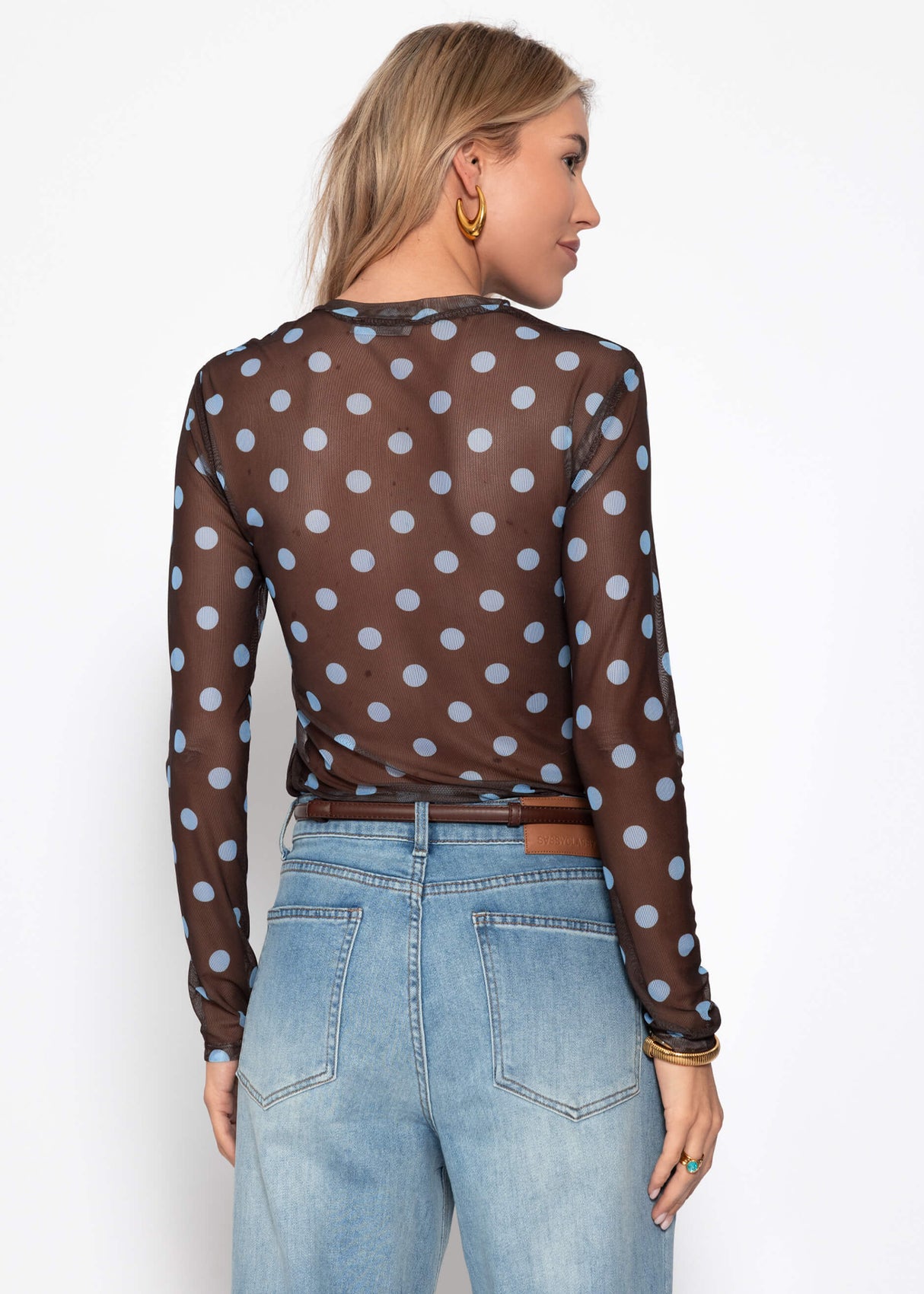 Mesh Langarmshirt mit großen Punkten - braun-blau