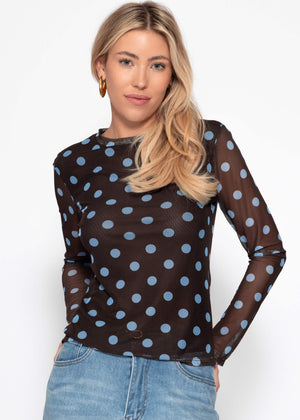 Mesh Langarmshirt mit großen Punkten - braun-blau