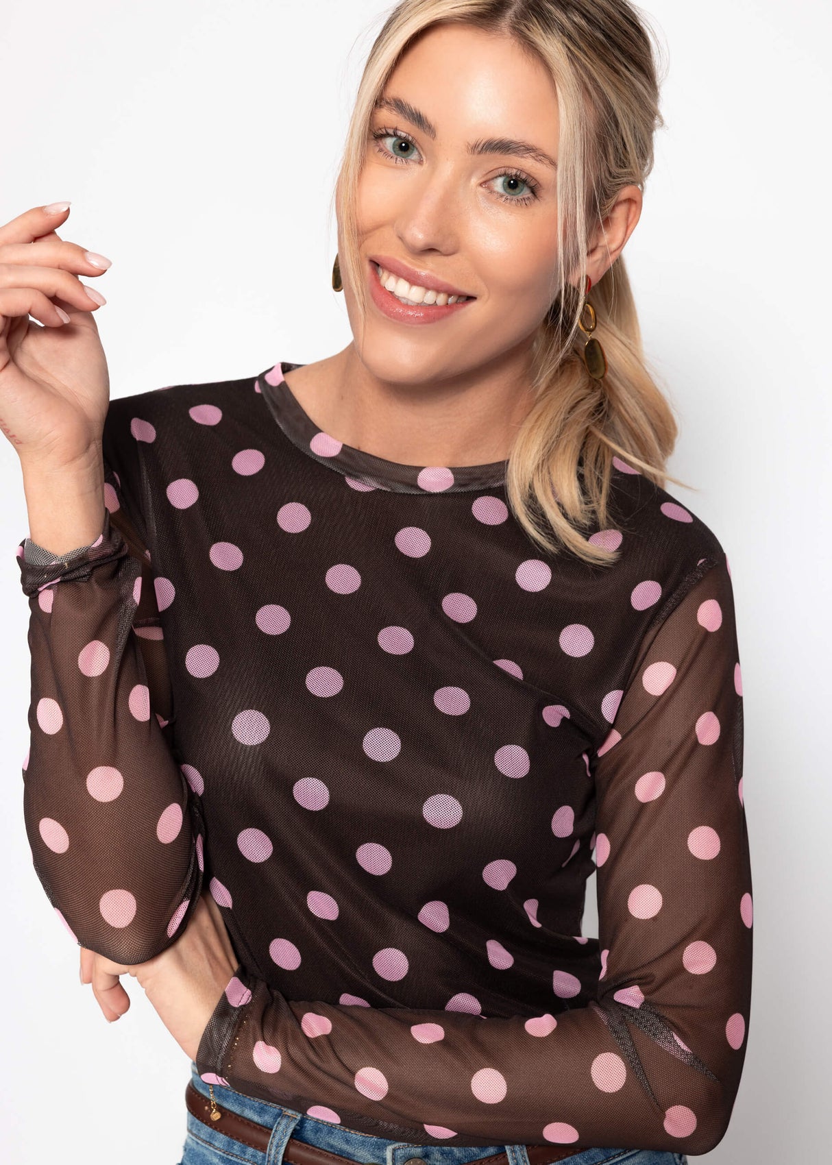 Mesh Langarmshirt mit großen Punkten - braun-rosa