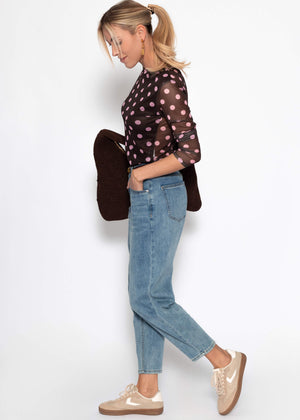 Mesh Langarmshirt mit großen Punkten - braun-rosa