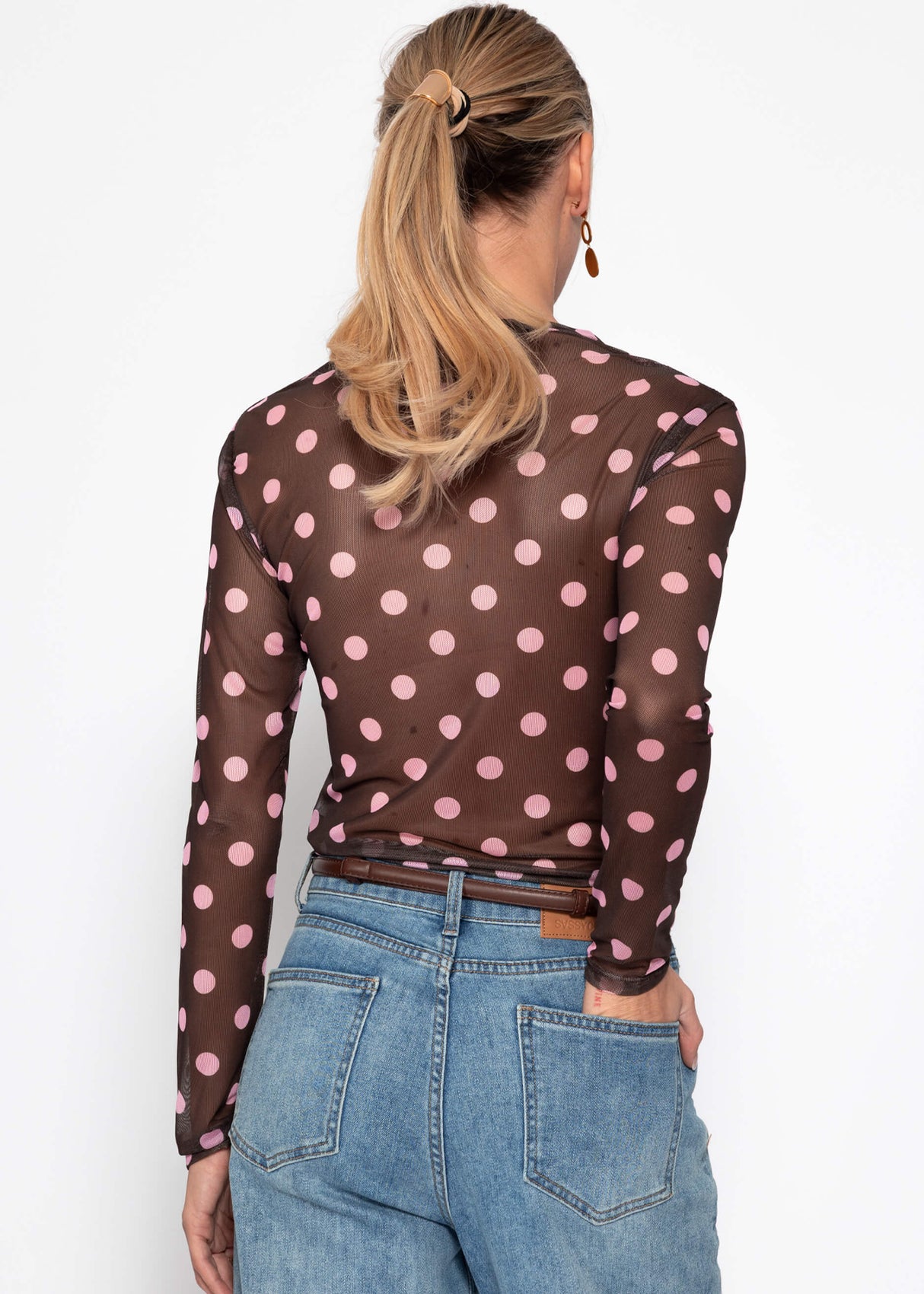 Mesh Langarmshirt mit großen Punkten - braun-rosa
