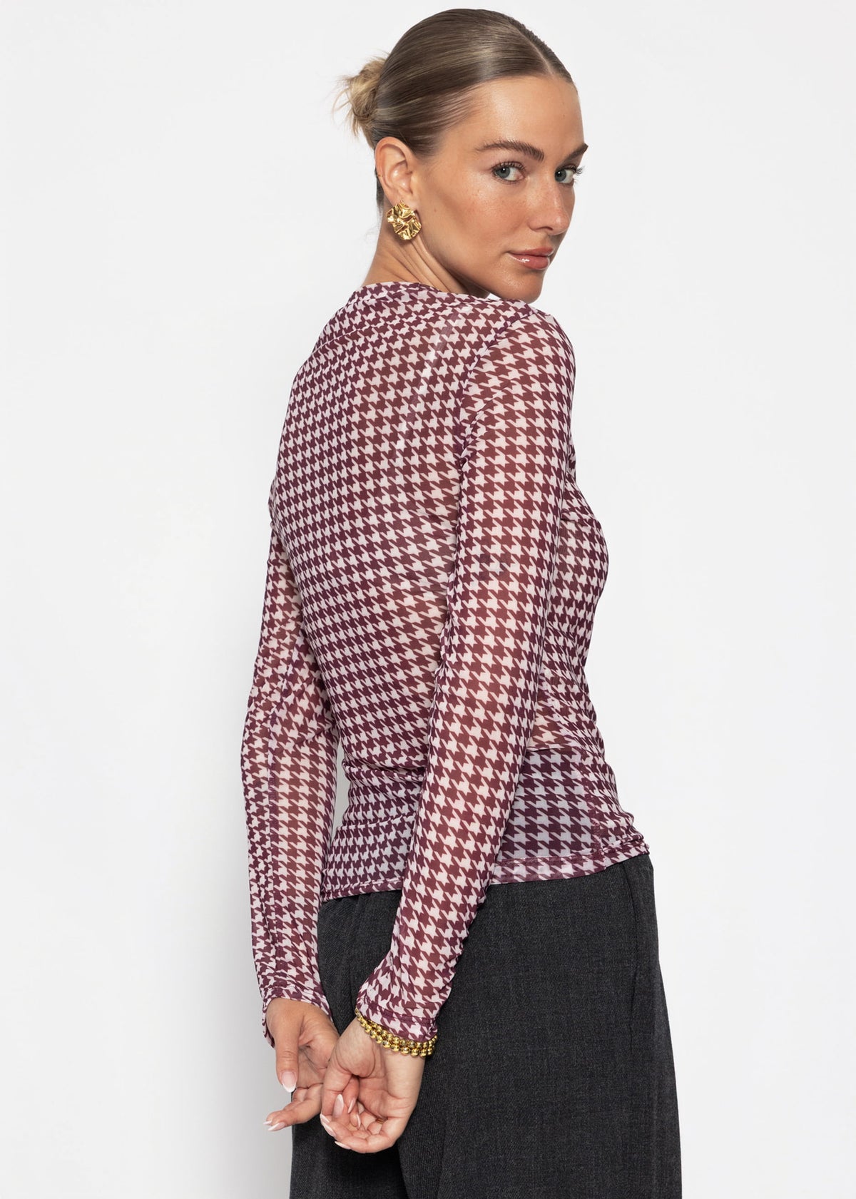 Mesh Langarmshirt mit Hahnentrittmuster - burgundy